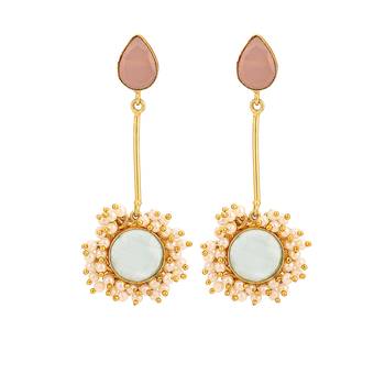Statement Gold Plated Pastel Colored Stone studded with pearl drop Dangle and Drop Earring for Girls and Women. 1