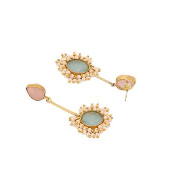 Statement Gold Plated Pastel Colored Stone studded with pearl drop Dangle and Drop Earring for Girls and Women. 2