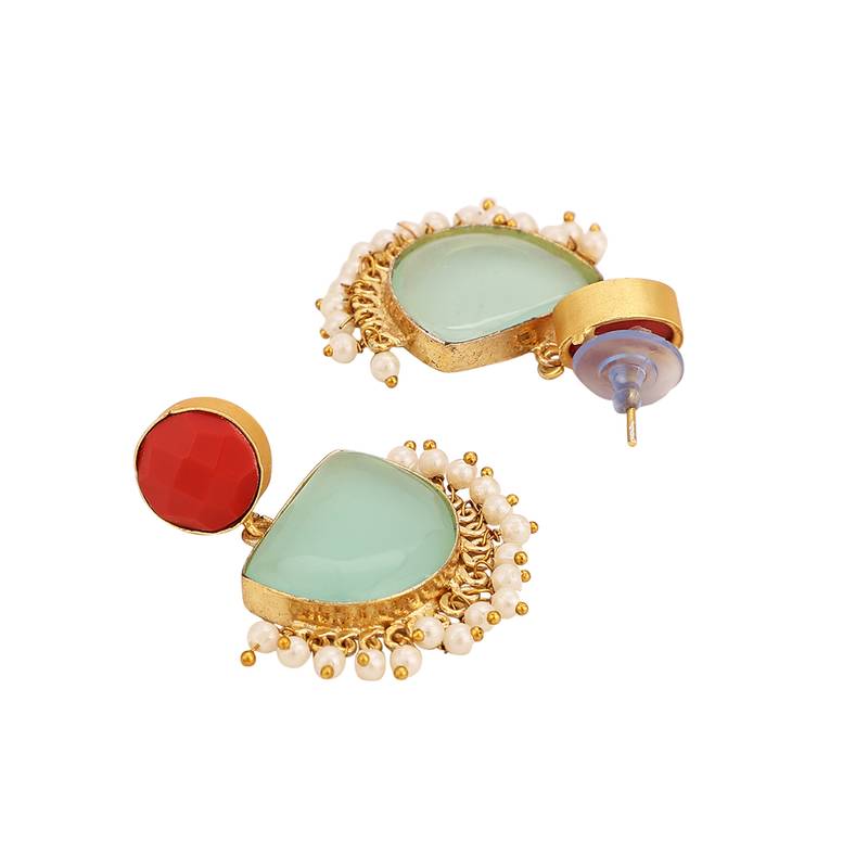Contemporary Gold Plated Chandbali shaped Multicolor stone and pearl studded Drop Earring for Girls and Women.