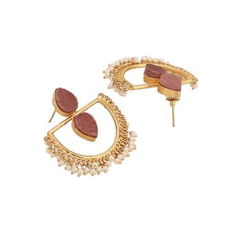 Statement Gold Plated Maroon colored Natural Stone and Pearl studded Chandbali Earring for Girls and Women 1