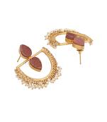 Statement Gold Plated Maroon colored Natural Stone and Pearl studded Chandbali Earring for Girls and Women