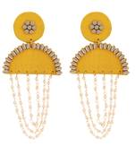Contemporary Fabric Base Yellow color geometrical shaped kundan and pearl studded Drop and Dangle Earring