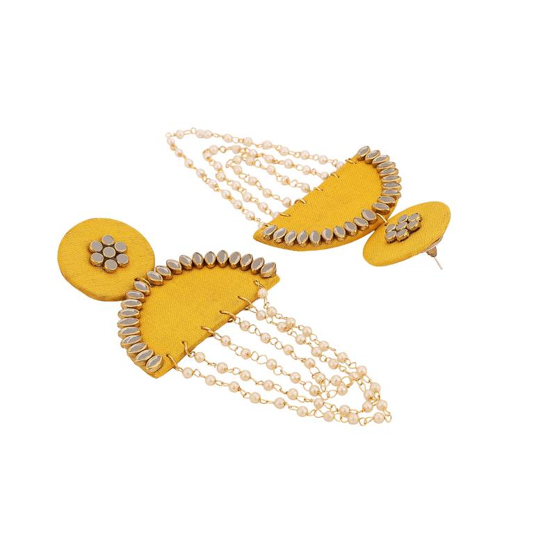 Contemporary Fabric Base Yellow color geometrical shaped kundan and pearl studded Drop and Dangle Earring