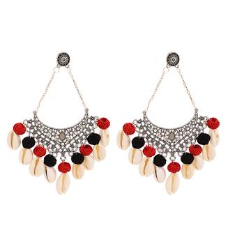 Big Bold Statement Silver Oxidised Chandbali Earring with Shells and Multicolor fabric balls studded 1