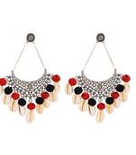 Big Bold Statement Silver Oxidised Chandbali Earring with Shells and Multicolor fabric balls studded