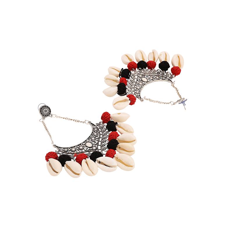 Big Bold Statement Silver Oxidised Chandbali Earring with Shells and Multicolor fabric balls studded