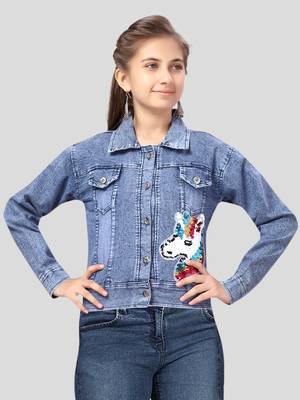 Aarika girls blue color embellished denim jacket 1