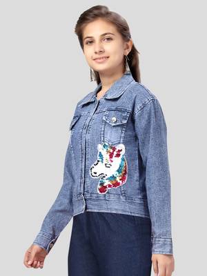 Aarika girls blue color embellished denim jacket 2