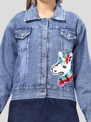 Aarika girls blue color embellished denim jacket 5