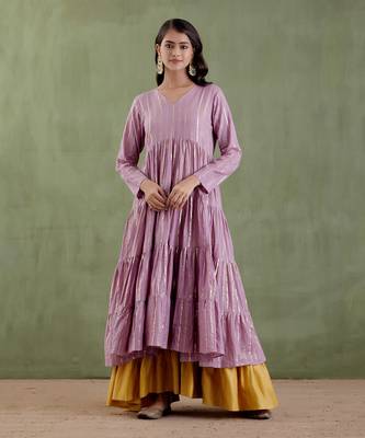 Lilac & golden yellow chennamma tier kurta set 3
