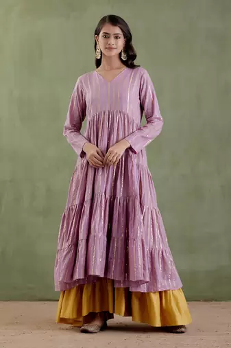 Lilac & golden yellow chennamma tier kurta set