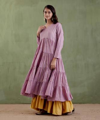 Lilac & golden yellow chennamma tier kurta set 4