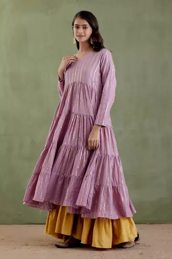 Lilac & golden yellow chennamma tier kurta set
