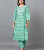 Hassu's women green 3/4 sleeve cotton printed straight calf-long kurta set -without dupatta