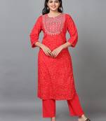 Hassu's women red 3/4 sleeve cotton printed straight calf-long salwar suit -with dupatta