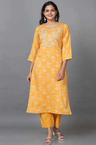 Hassu's women yellow 3/4 sleeve rayon printed straight calf-long salwar suit -with dupatta