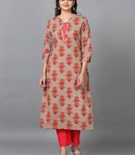 Hassu's women beige 3/4 sleeve cotton printed straight calf-long salwar suit -without dupatta