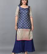 Hassu's women navy blue half sleeve banaras silk printed straight knee-long salwar suit -with dupatta