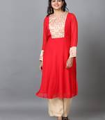 Hassu's women red full sleeve silk blend solid a-line calf-long kurta set -without dupatta