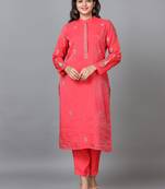 Hassu's women red full sleeve chanderi embroidered straight calf-long salwar suit -with dupatta