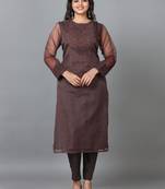 Hassu's women dark brown full sleeve organza solid straight calf-long kurta set -without dupatta