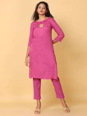 Hassu's women pink 3/4th sleeves rayon floral embroidery regular calf length boat neck kurta set -without dupatta 1