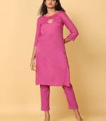 Hassu's women pink 3/4th sleeves rayon floral embroidery regular calf length boat neck kurta set -without dupatta