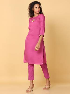 Hassu's women pink 3/4th sleeves rayon floral embroidery regular calf length boat neck kurta set -without dupatta 2