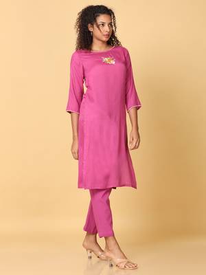 Hassu's women pink 3/4th sleeves rayon floral embroidery regular calf length boat neck kurta set -without dupatta 3