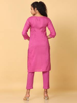 Hassu's women pink 3/4th sleeves rayon floral embroidery regular calf length boat neck kurta set -without dupatta 4