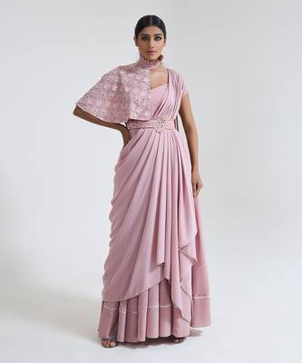 Pink georgette blend pre drape saree 1