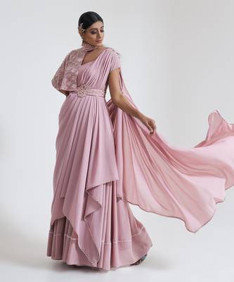 Pink georgette blend pre drape saree 2
