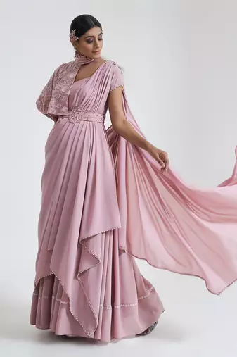 Pink georgette blend pre drape saree