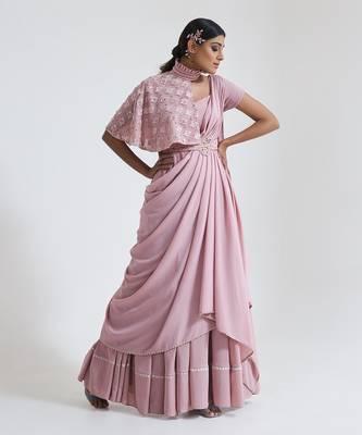 Pink georgette blend pre drape saree 3