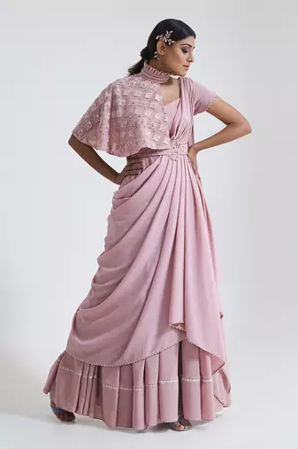 Pink georgette blend pre drape saree