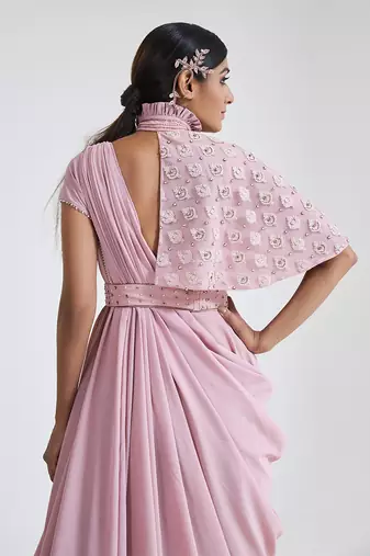 Pink georgette blend pre drape saree
