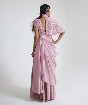 Pink georgette blend pre drape saree 5