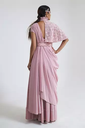 Pink georgette blend pre drape saree