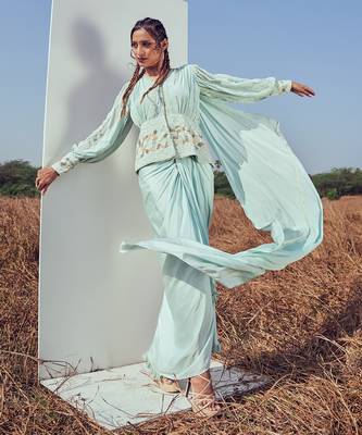 Aqua green modal satin skirt set 1
