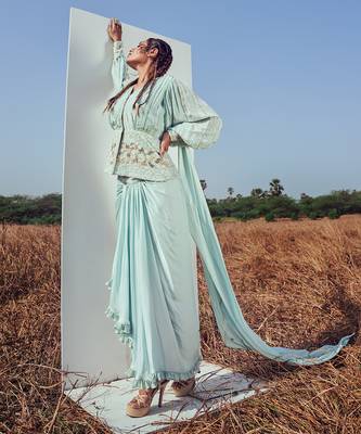 Aqua green modal satin skirt set 4