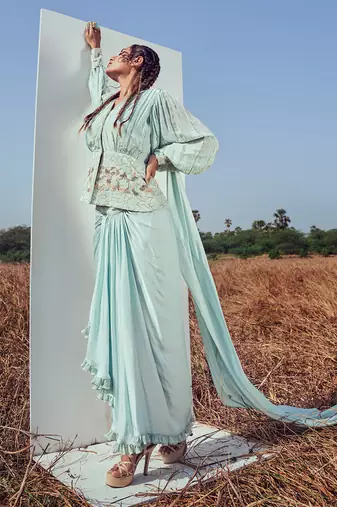 Aqua green modal satin skirt set