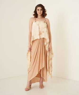 Peach pleated modal satin dhoti set 1