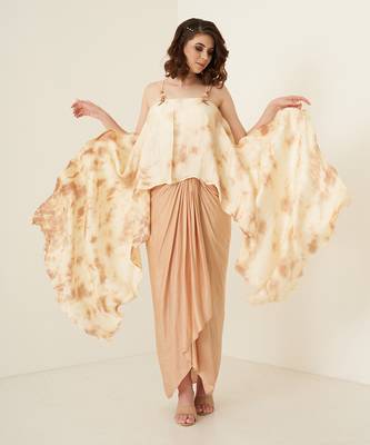 Peach pleated modal satin dhoti set 2