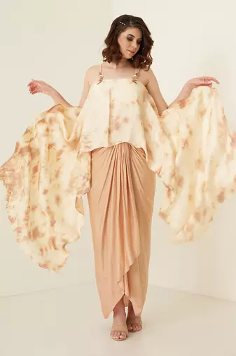 Peach pleated modal satin dhoti set
