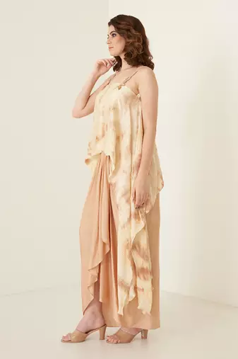 Peach pleated modal satin dhoti set