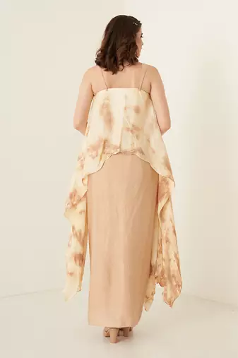 Peach pleated modal satin dhoti set