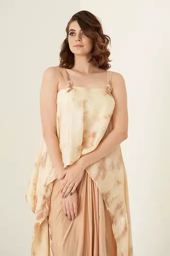 Peach pleated modal satin dhoti set