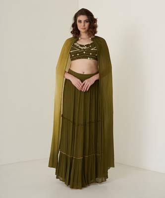 Moss green chiffon skirt set 1
