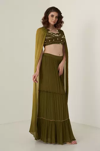 Moss green chiffon skirt set