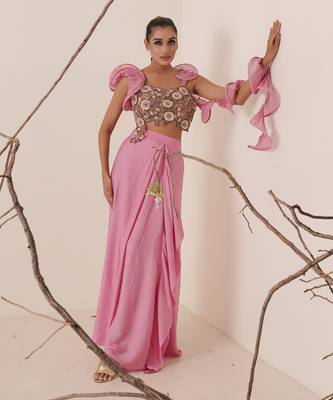 Bright bubble gum pink modal satin skirt set 1